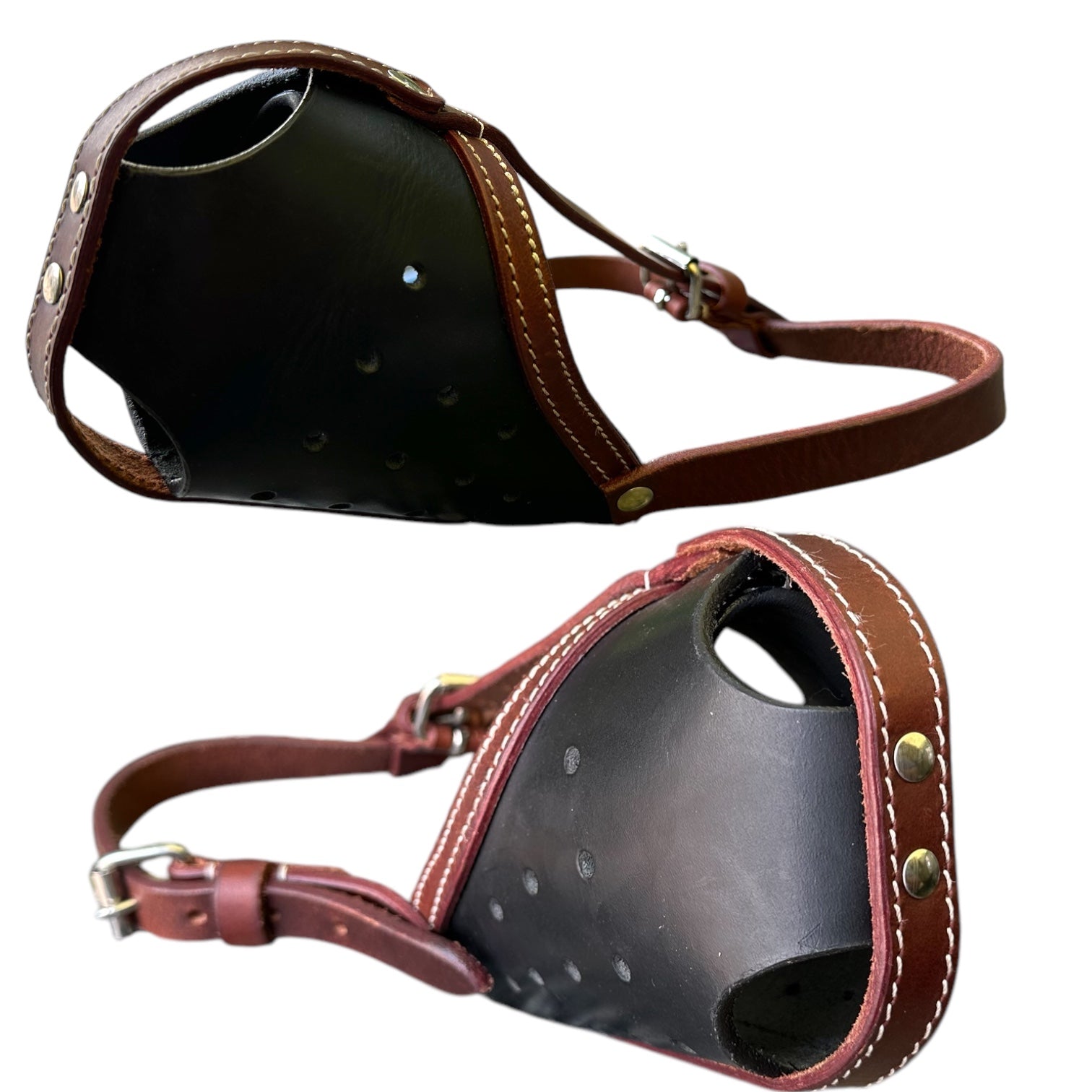 The K9 Store Premium Leather Dog Muzzle, Handstitched Mask for Gaint, Large & Medium Dog Breeds in Black/Tan Color