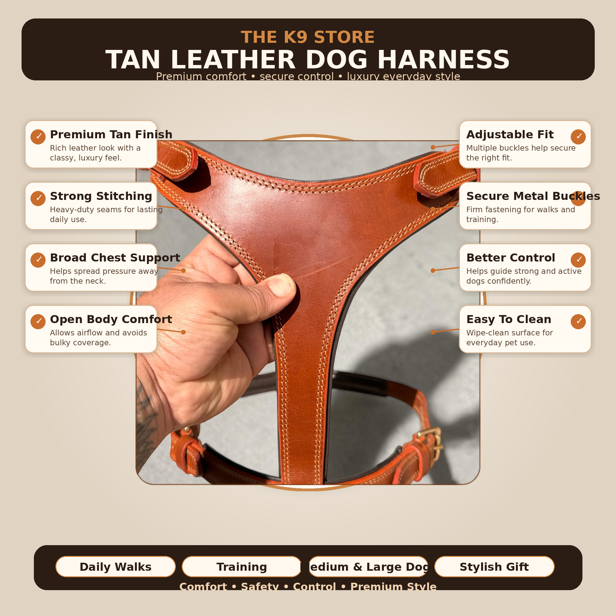 THE K9 STORE Tan Leather Dog Harness – Adjustable Premium Harness for Dogs