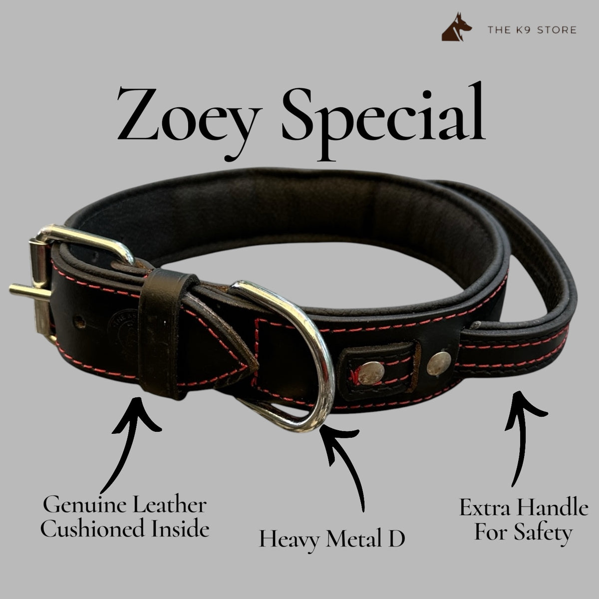 The K9 Store 100% Highgrade Leather Bold Dog Neck Collar For Training With Extra Handle - Zoey's Special (Black)